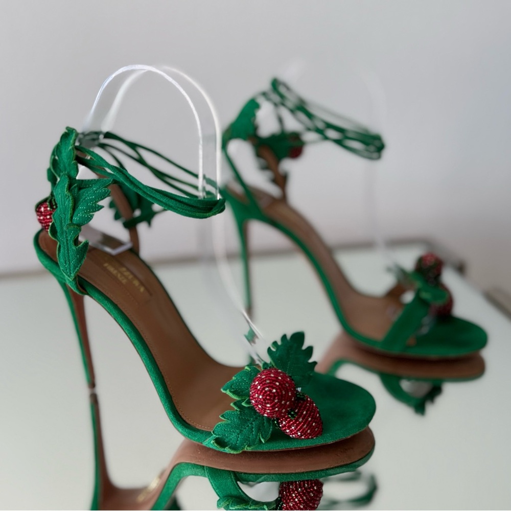 EUC Aquazzura Green Fragolina 105 Embellished Suede Sandals 37 $1,295 - Picture 14 of 17